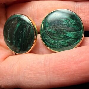 Vintage Green Enamel Swirl Gold Tone Round Clip‎ On Earrings Retro Abstract 90s